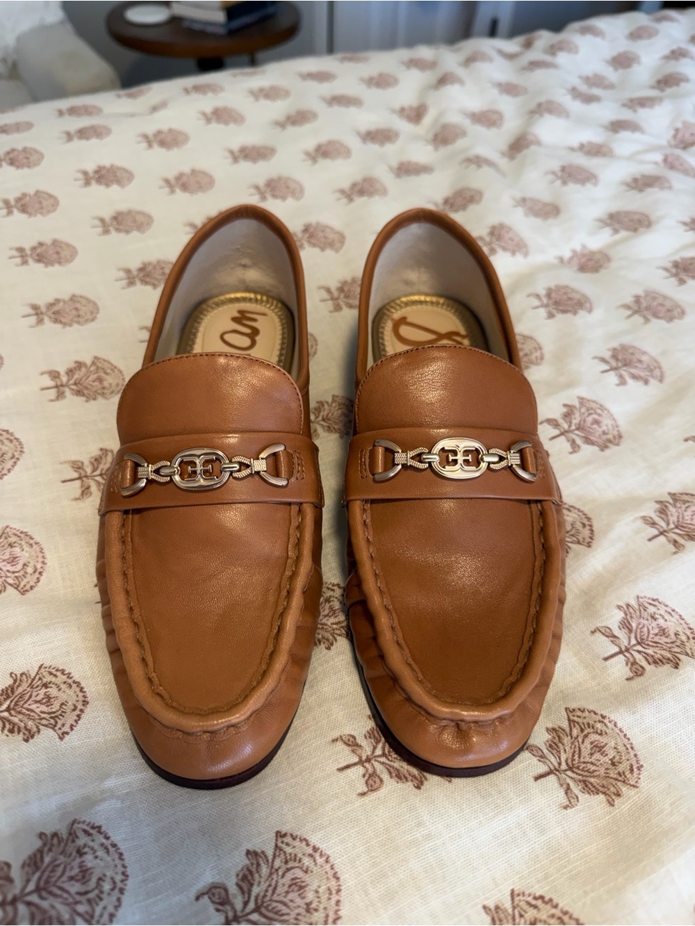 Sam Edelman Luca Tan Leather Bit Loafers with Gold Hardware